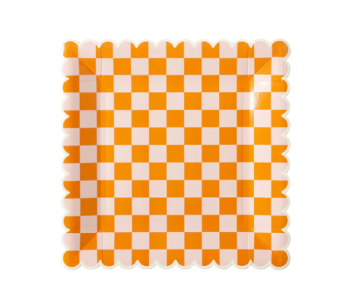 PINK AND ORANGE CHECKERED SCALLOPED PAPER PLATE