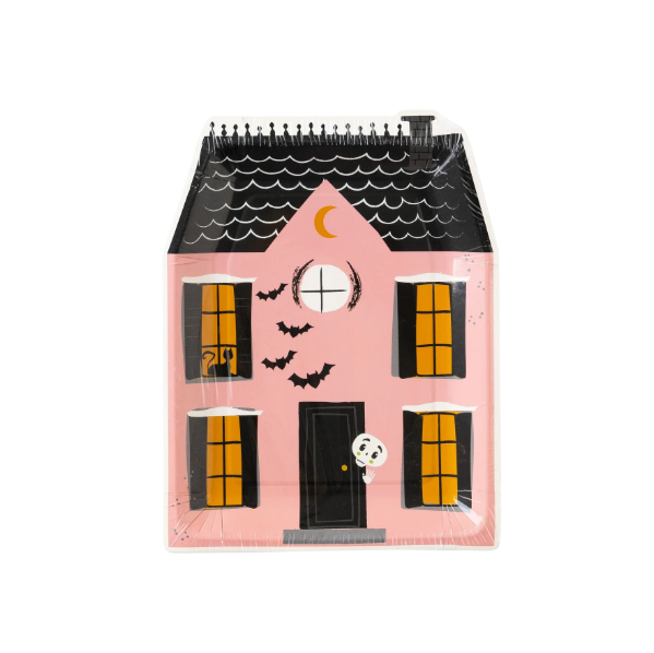 PINK HAUNTED HOUSE SHAPED PAPER PLATE