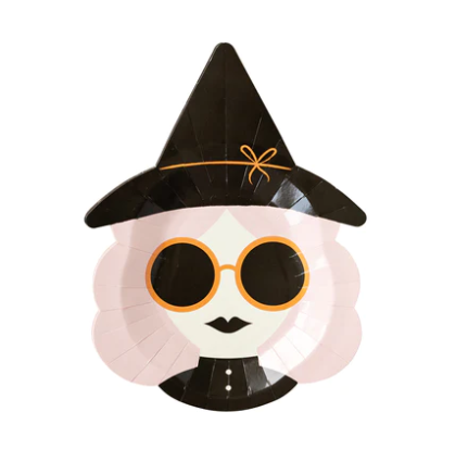 HEY PUMPKIN PINK WITCH SHAPED PAPER PLATE