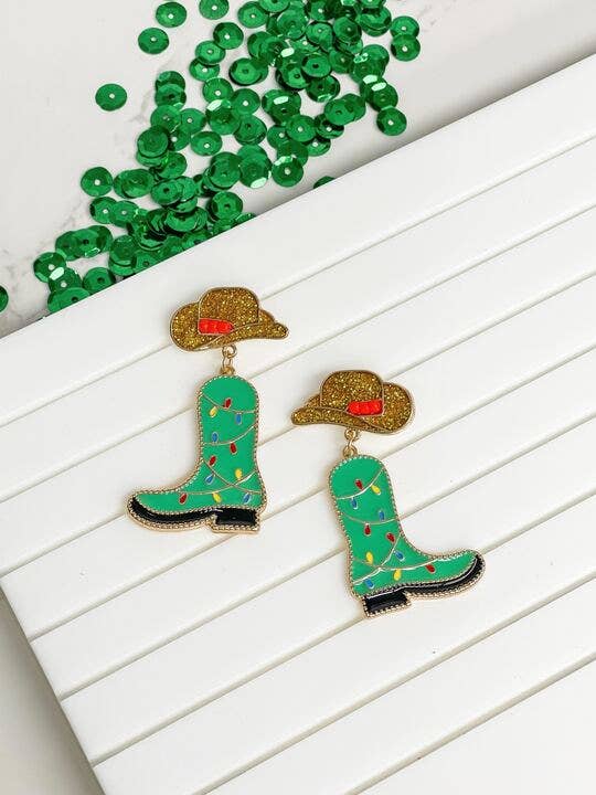 Cowgirl Christmas Boot Beaded Dangle Earrings - Green