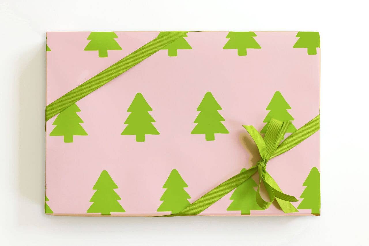 Pink and Green Christmas Tree Gift Wrap Roll