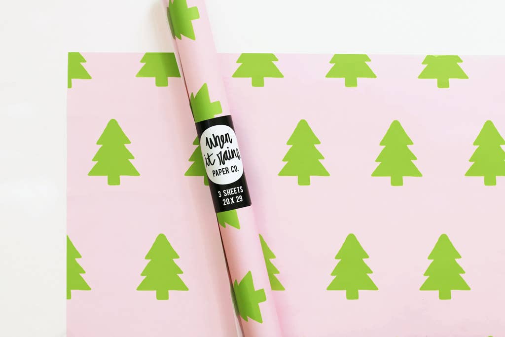 Pink and Green Christmas Tree Gift Wrap Roll